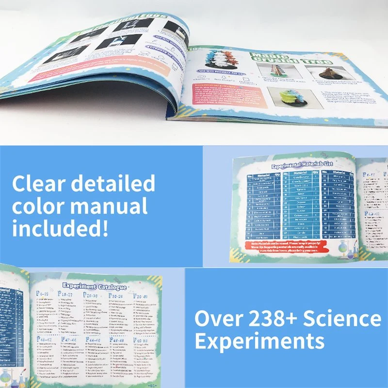 Expérience scientifique de changement de couleur en laboratoire éducatif DIY avec 238 réactions chimiques.