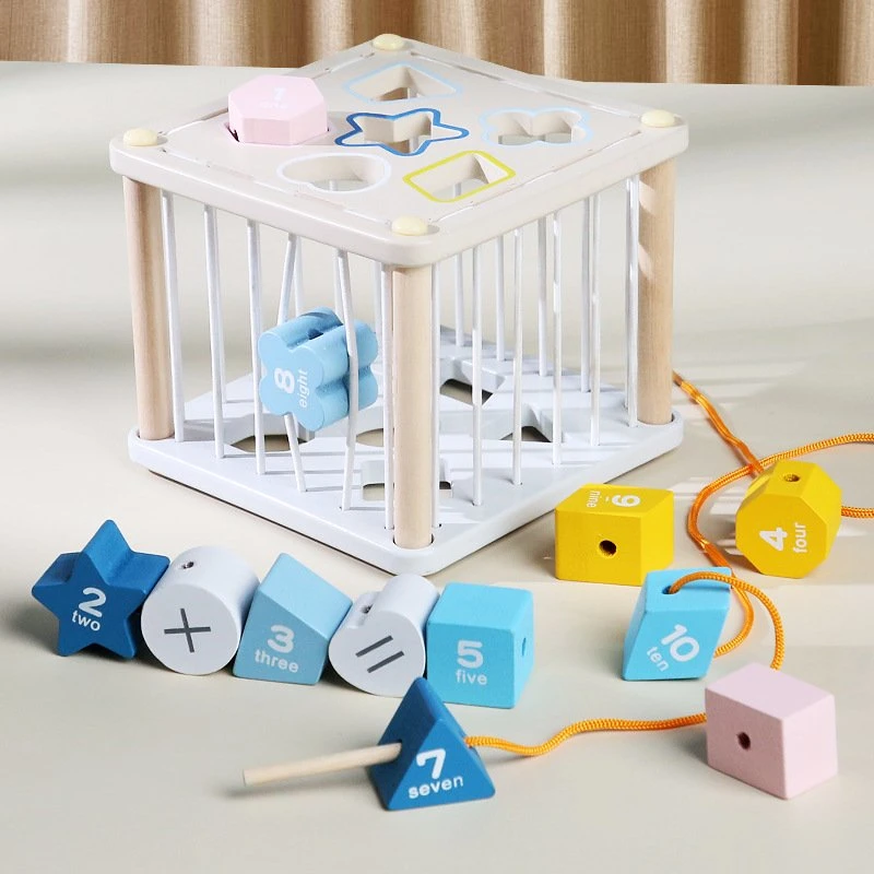 Wooden Sorter Cube with 13PCS Shapes String Threading Toy Developmental Learning Toy Gifts for Baby