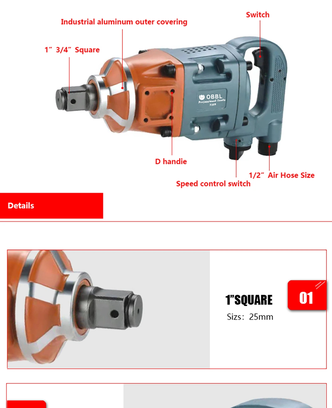 Obbl Air Power Tools 1 3/4 Inch Pneumatic Impact Wrench