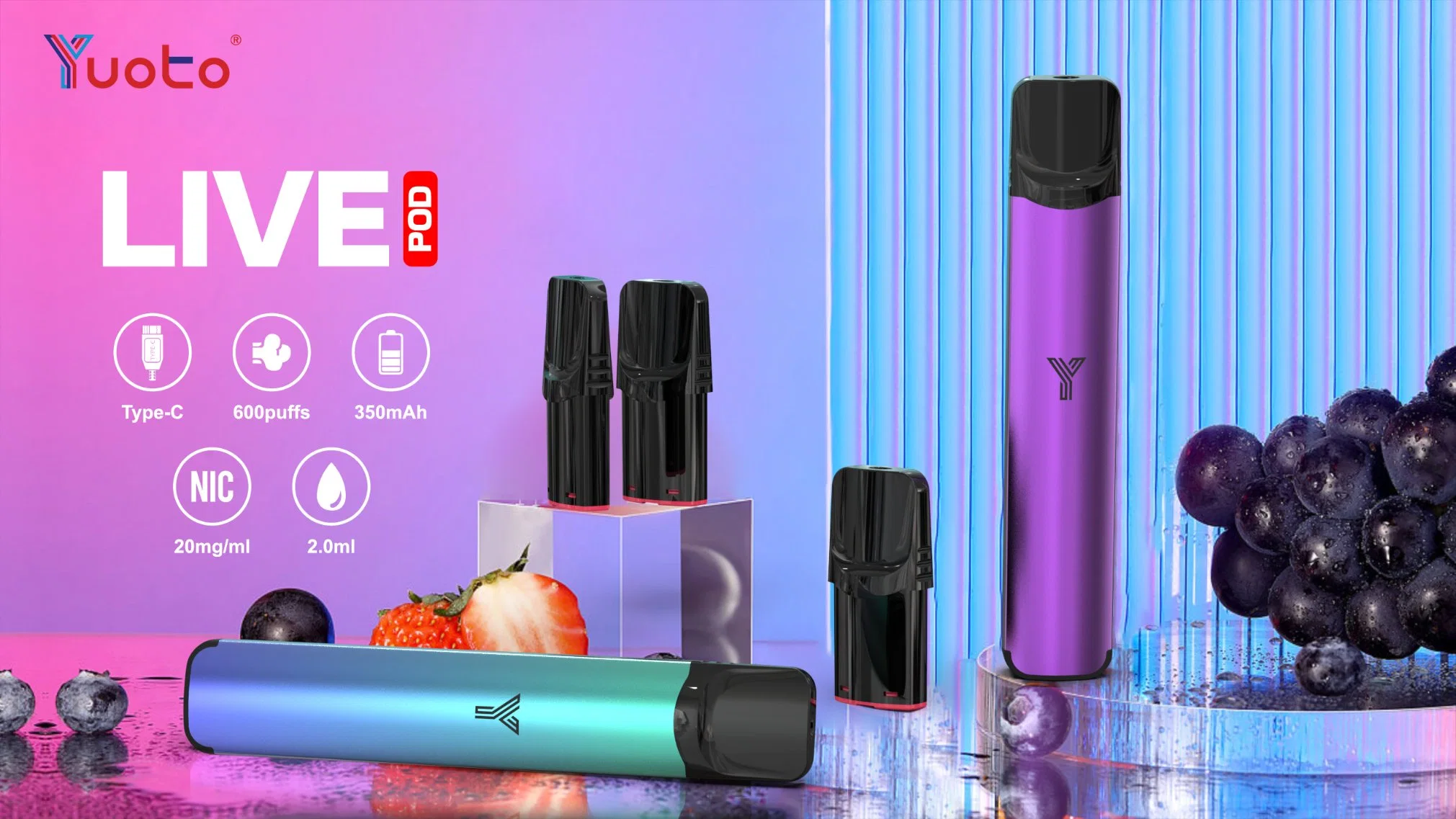 14 sabores Yuoto Live 600 Puffs 2% nicotina 2ml cartucho 350mAh batería de litio malla bobina Tipo C con TPD Mayoreo I VAPE