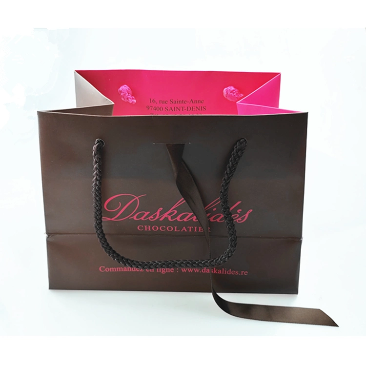 Lovely Ribbons Handle Pink Coffee Cmyk Printing Logo Rope Jewelry Paper Bag