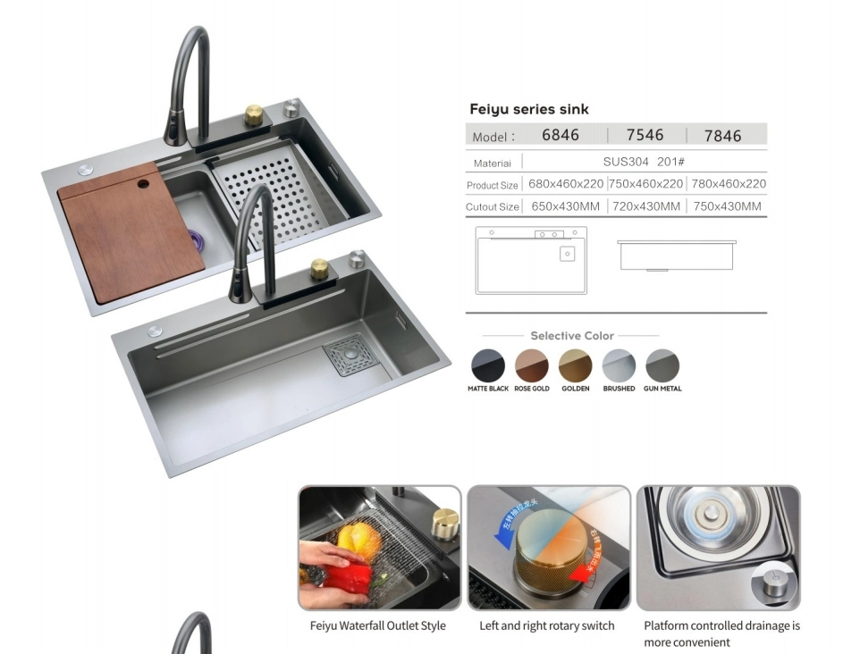 304 pia de cozinha de aço inoxidável Feiyu Waterfall faucet Nano-controlado quente Depósito de água