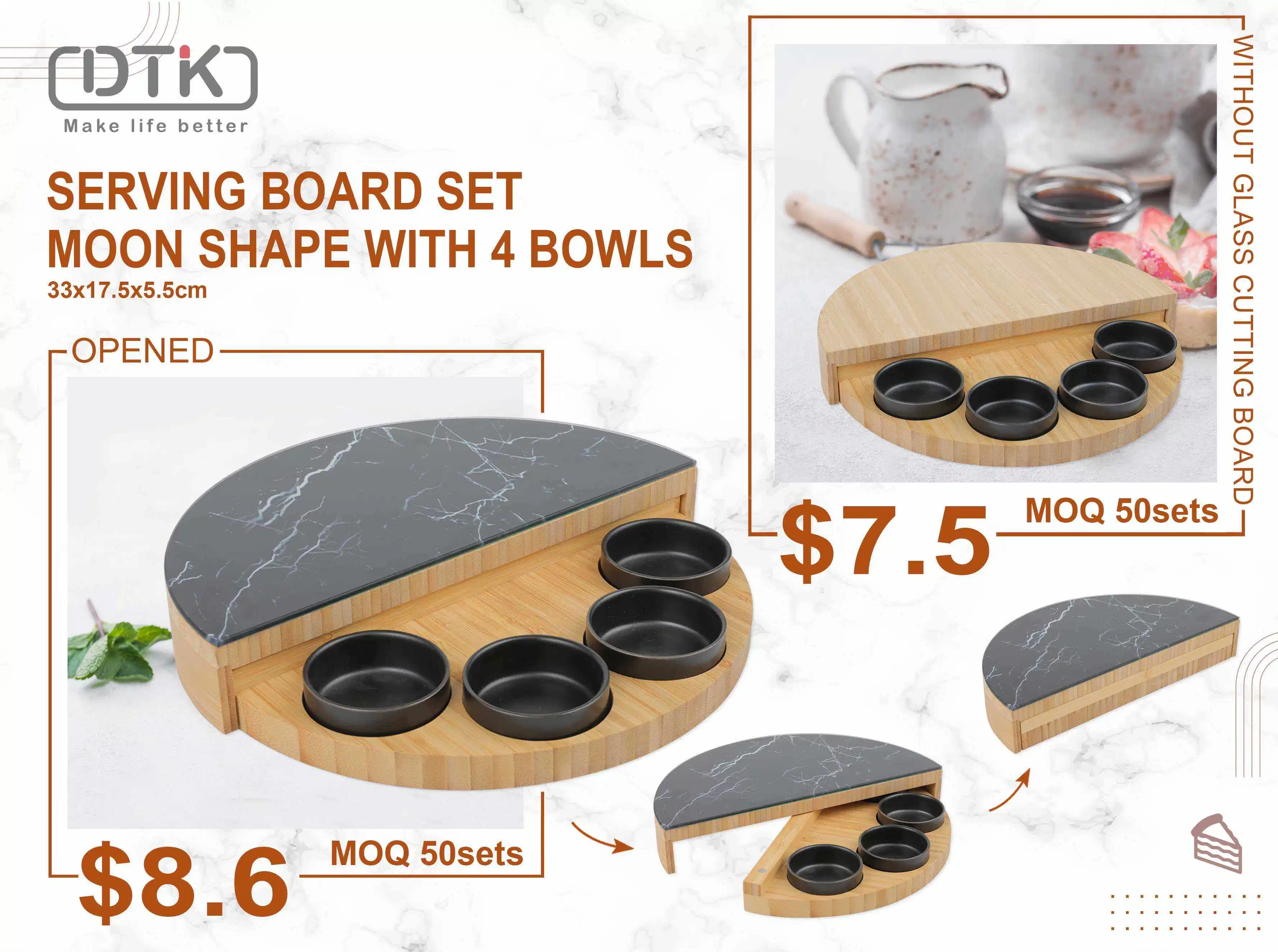 Dtk Round Rotating 4 Bowls Multifunctional Bamboo Chopping Board