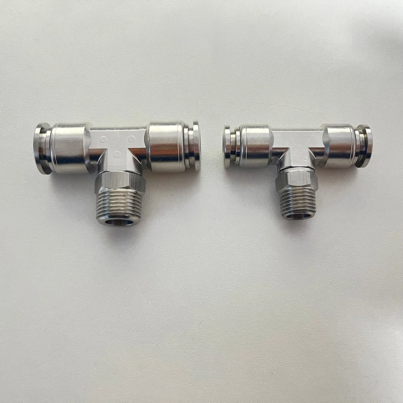 Pneumatic SS316L Air Inox 1/8'' Thread Two Hole Metal Sleeve Male Tee Push in Fittings