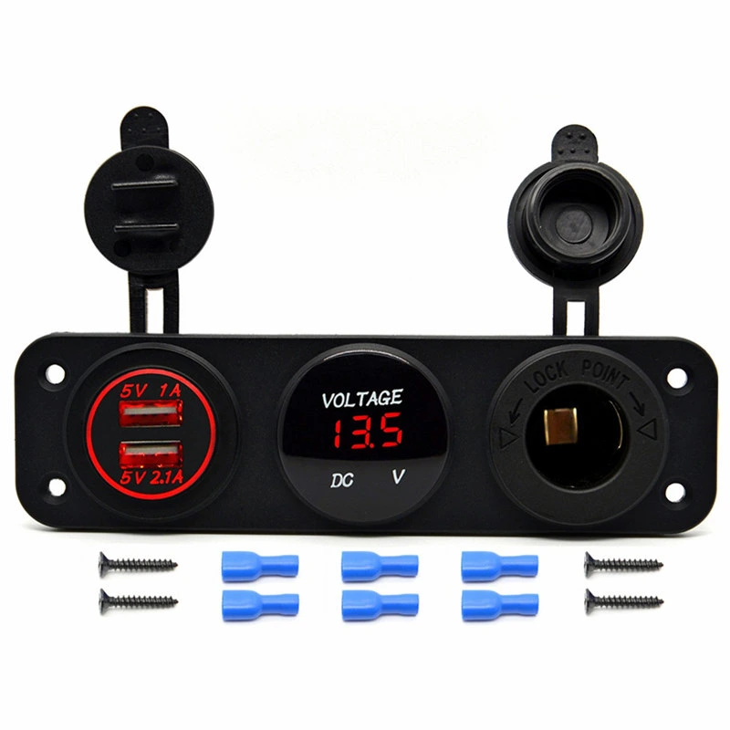 Car Digital LED Voltmeter Current Meter + 12V Cigarette Lighter Socket + 2 USB Ports Car Charger for SUV, RV, Caravan