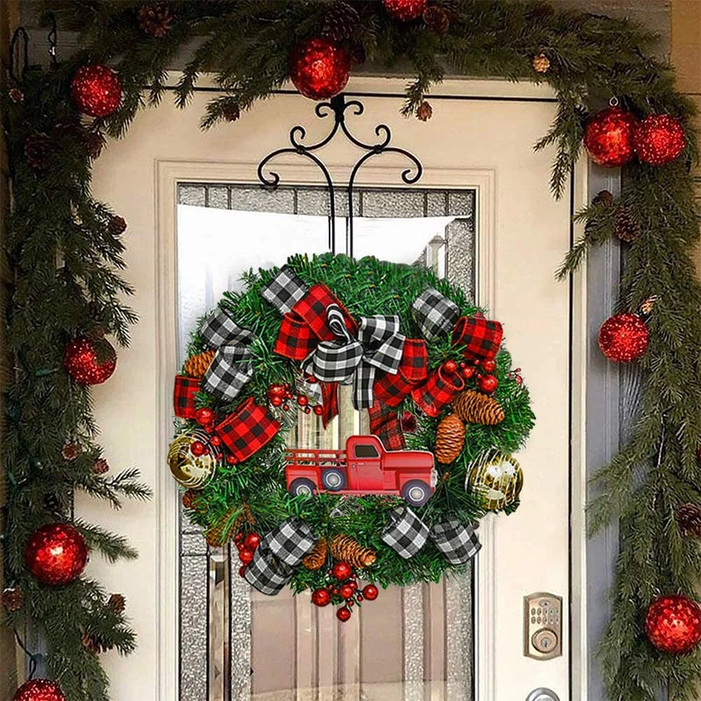 Navidad Wreath decoración de la puerta delantera Wreath Red Truck Berry Invierno Guirnalda de Navidad artificial para la fiesta de boda al aire libre Decoración interior