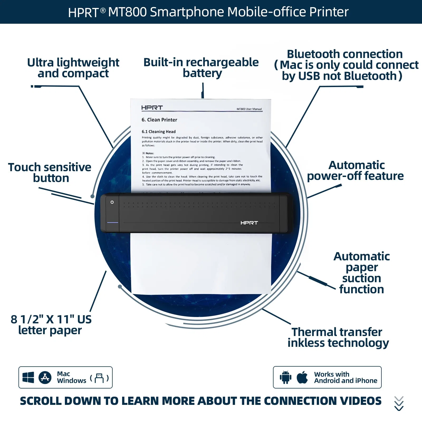 HPRT imprimante MT800 Wireless Thermal Transfer Portable Printer Support Normal A4 Paper Size