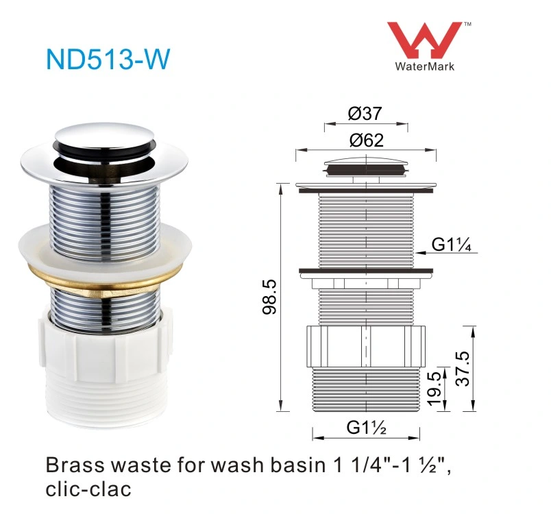 1"1/4 Brass Pop up Waste Without Overflow with Adptor Bathroom Sink Drain Strainer ND513-W