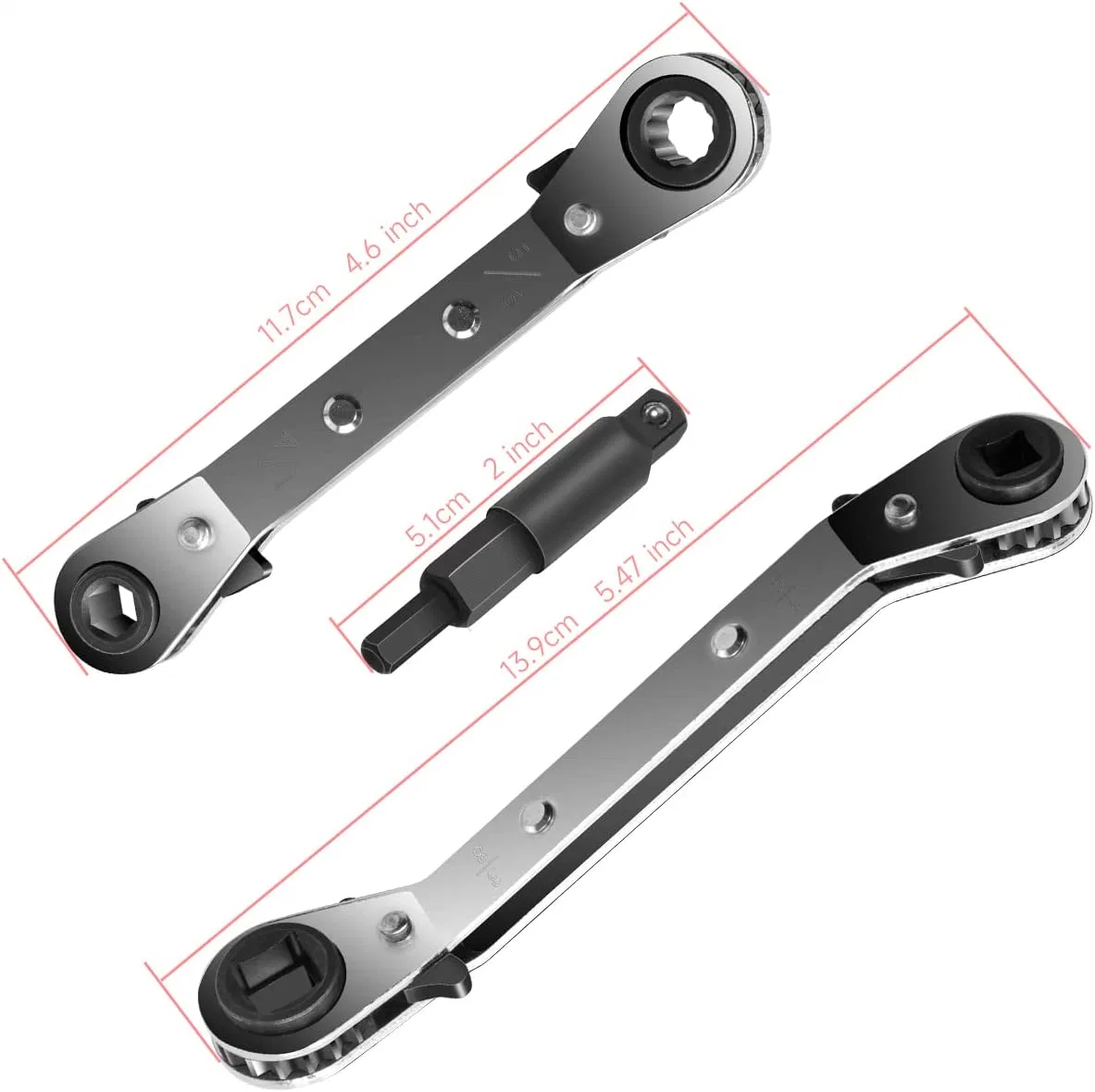 3/8 to 1/4, 5/16 X 1/4 Ratchet Stainless Steel Service Wrench with 2 Hexagon Bit Adapter Kit for Air Conditioning Refrigeratio