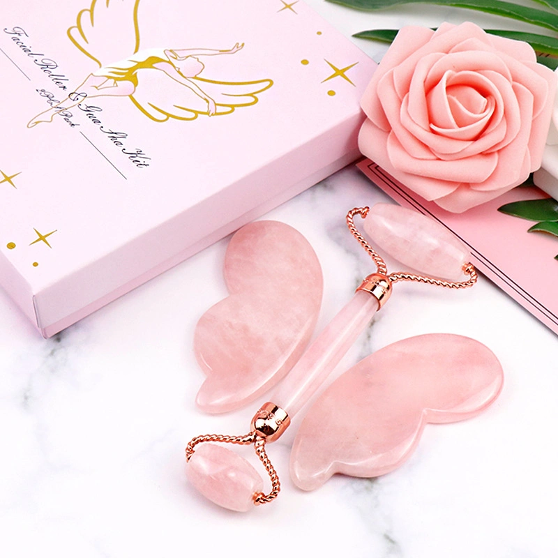 Custom Logo Natural Crystal Feather forma Rosa Cuarzo Jade Roller Y Gua Sha Set