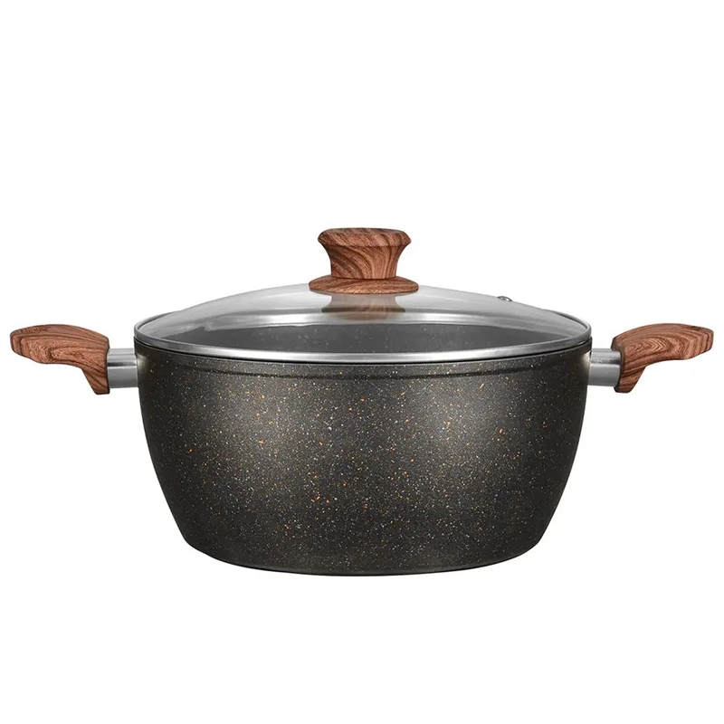 Popular Cookware Set Customized Marble Coating Non-Stick Fry Pan Casserole Aluminum Cook Ware with Wood Handle