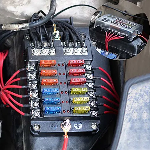 Caja de fusibles de 12 vías titular del bloque de fusibles de la hoja Tuerca Terminal w/Bus negativo 5 A 10 A 15 A 20 Un indicador LED de fusibles cubierta impermeable para automoción coche barco marino