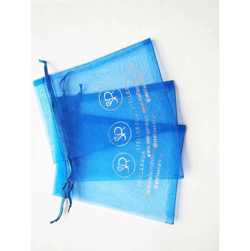 Promotional Exquisite Sheer Blue Organza Drawstring Bag for Jewelry Packaging