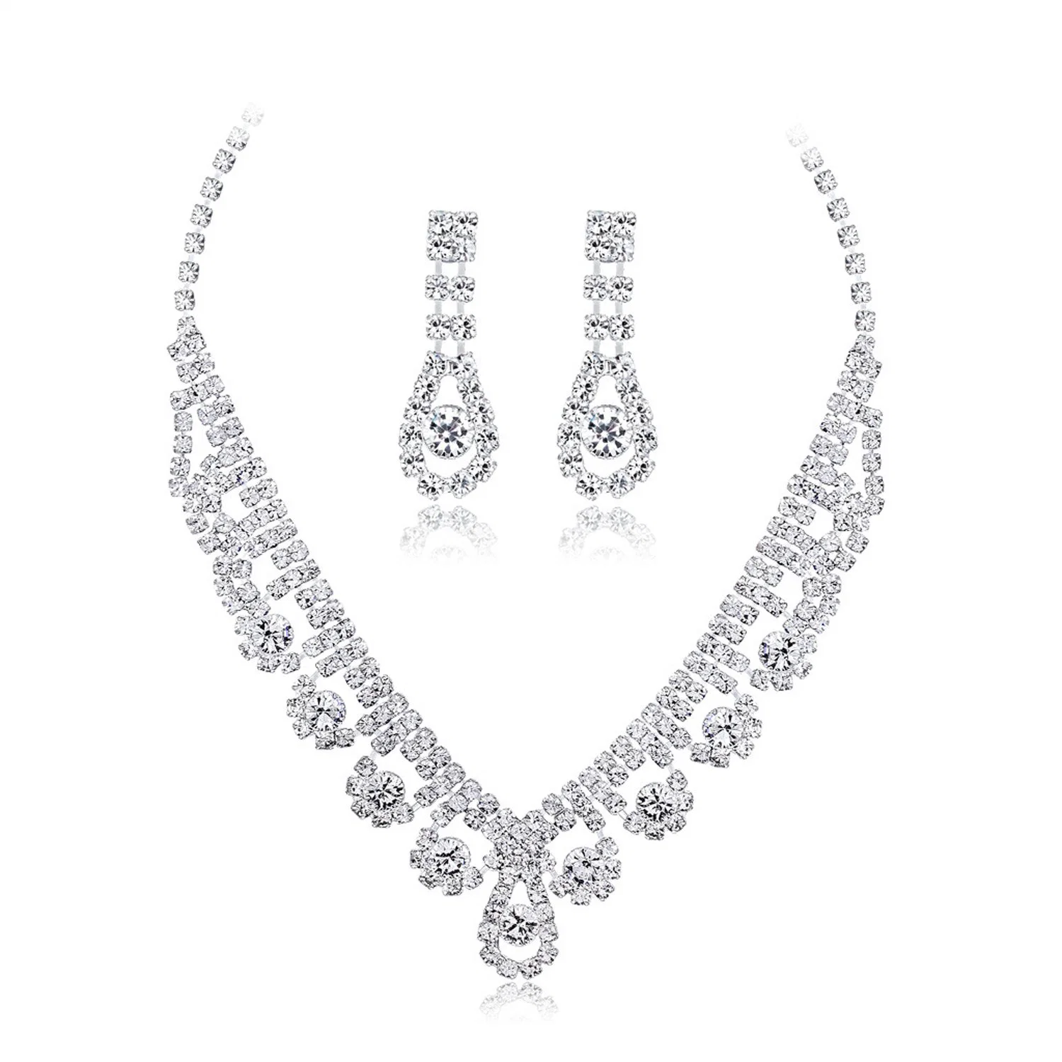Rhinestone Crystal Bridal Floral Wave Teardrop Necklace Earrings Set