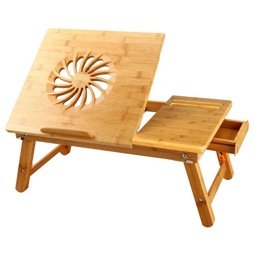 Laptop Desk Nnewvante Table Réglable 100% en Bambou Plateau de Lit Pliable pour Petit-déjeuner avec Plateau Inclinable et Tiroir.