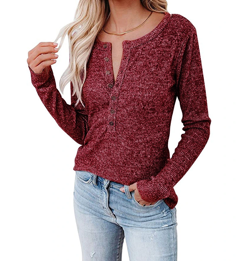 Factory Customized Chest Button Casual Cheapest Woolen Knitwear Long Sleeve T Shirt for Women