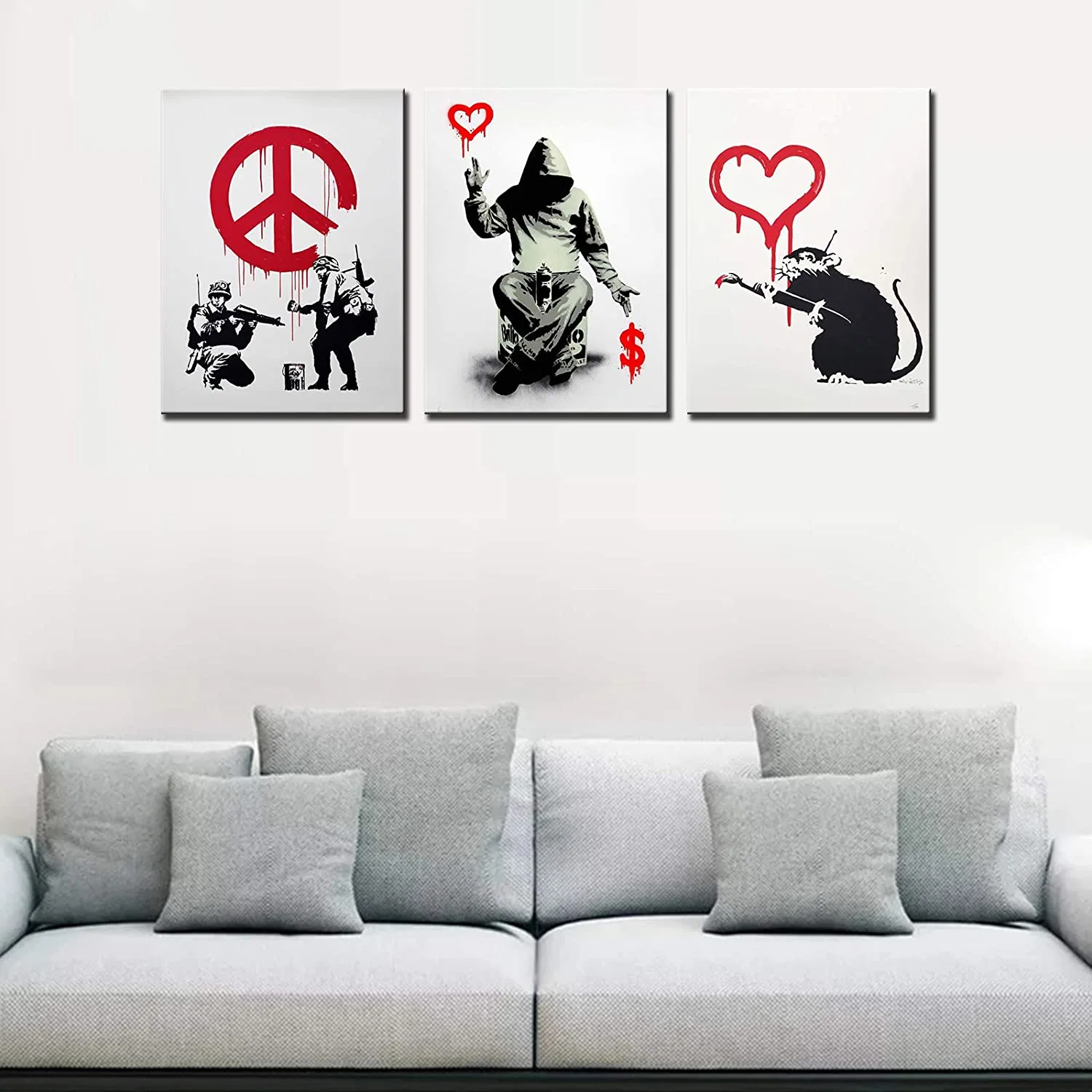 طباعة صور الحائط من قماش 3PCS طباعة Banksy بالأسود والأبيض لـ ديكور غرفة المعيشة مطبخ جرافيتي الشارع ذو ديكور جدار