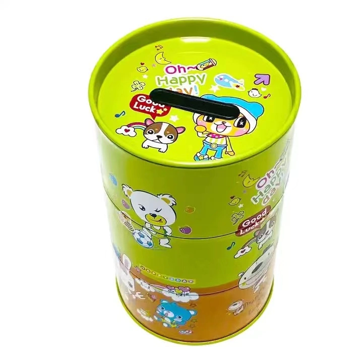 Factory Custom Tinplate Piggy Bank Cylindrical Metal Packaging Tin Coin Box