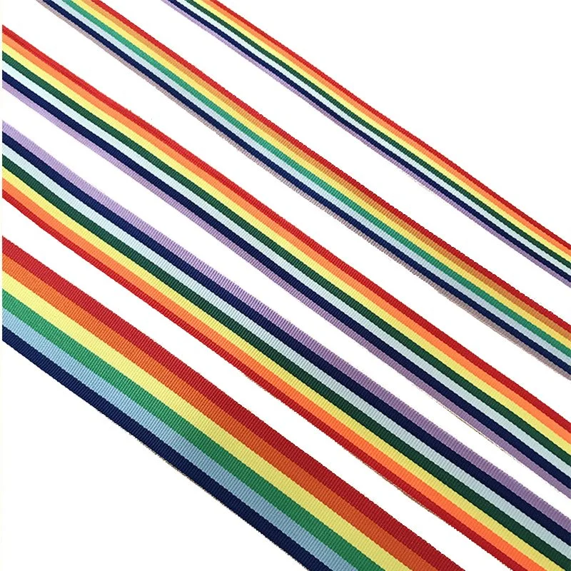 Customized Gift Packing Decoration Polyester Woven Striped Tape Double Face Rainbow Ribbon