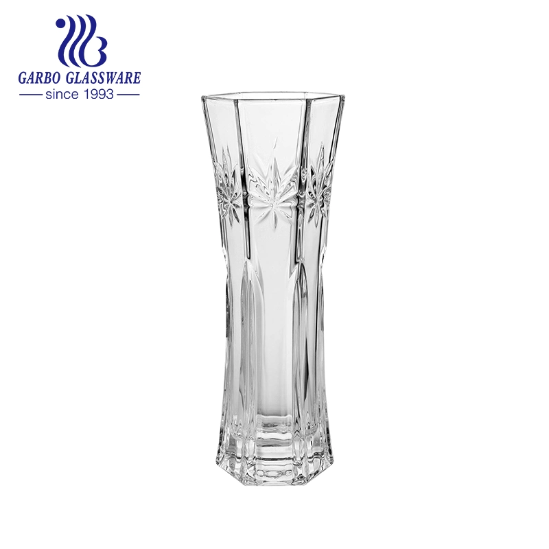 Home Table Decoration Simple Design Glass Vase with Square Engraved Embossing Pattern Flower Glass Holder for Daily Use