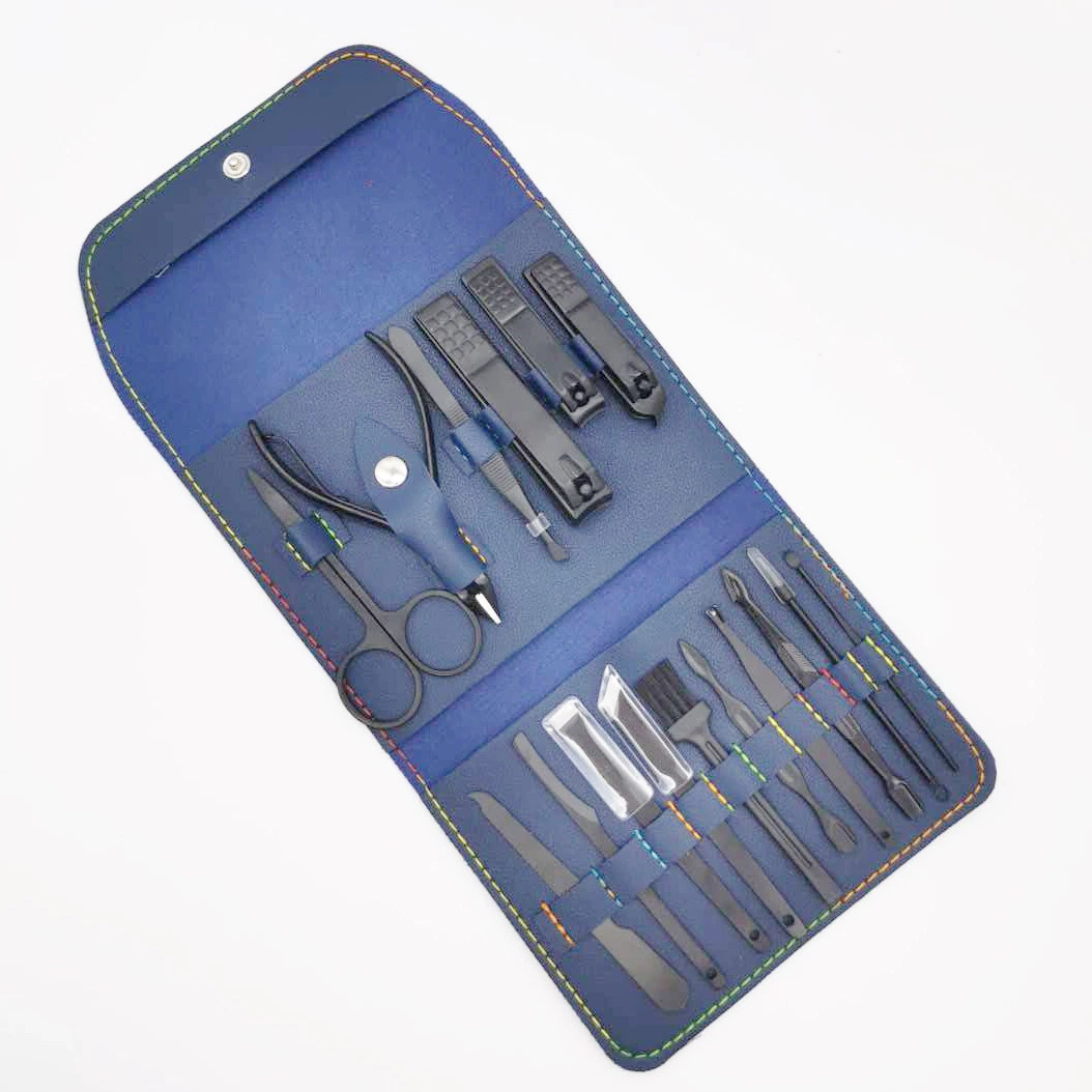 Professional Beauty Tools Nail Care Art Toe Finger Nail File Mens Nail Clippers Kits 16 PCS Black Pedicure Manicure Set