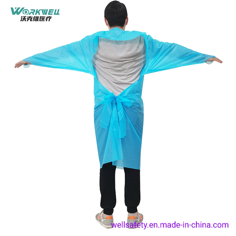 AAMI Level 2 CPE Disposable Gown with Long Sleeves 55g Washable Blue Plastic Aprons for Hospitals Waterproof CPE Surgical Gown En14126