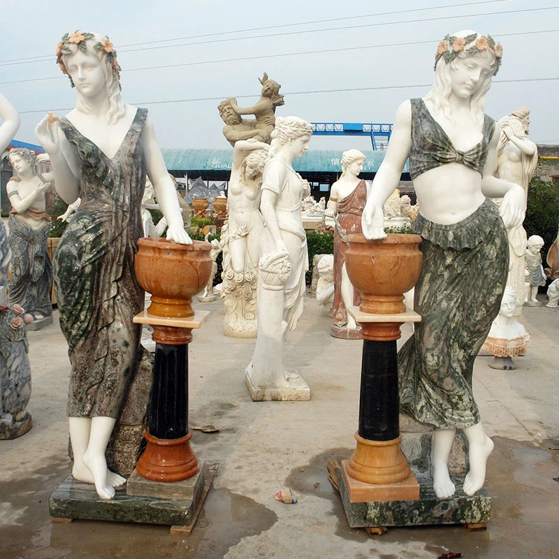 Gartenmöbel handgeschnitzt Naturstein Marmor Blumentopf mit Frauenstatuen