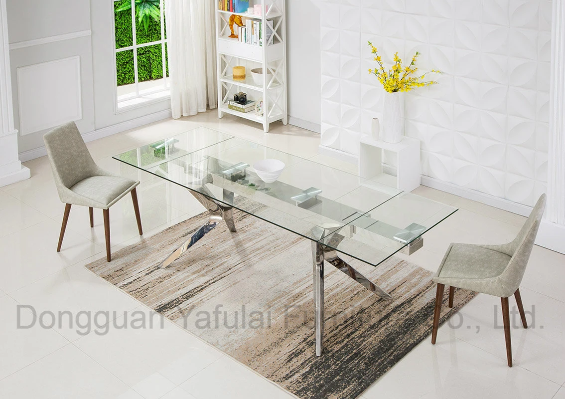 Una extensión moderna Cristal mesa de comedor Muebles de acero inoxidable