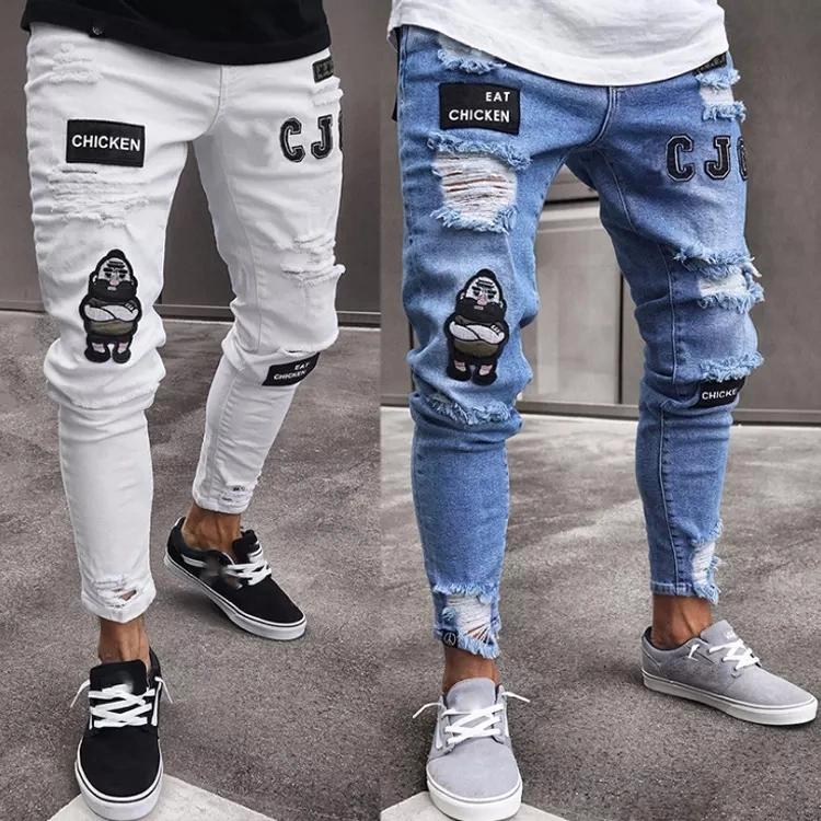 Nuevo estilo de los hombres angustiados destruido el distintivo de los pantalones Skinny Jeans ciclista de parches de arte