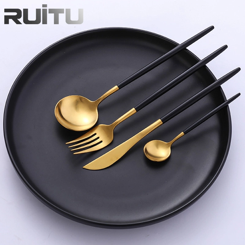 Catering Party Colored Flatware Elegant Cutipol PLA Knife Fork Spoon Set Restaurant Stainless Steel Biodegradable Cutlery Set Gold Plated and Black Cutlery