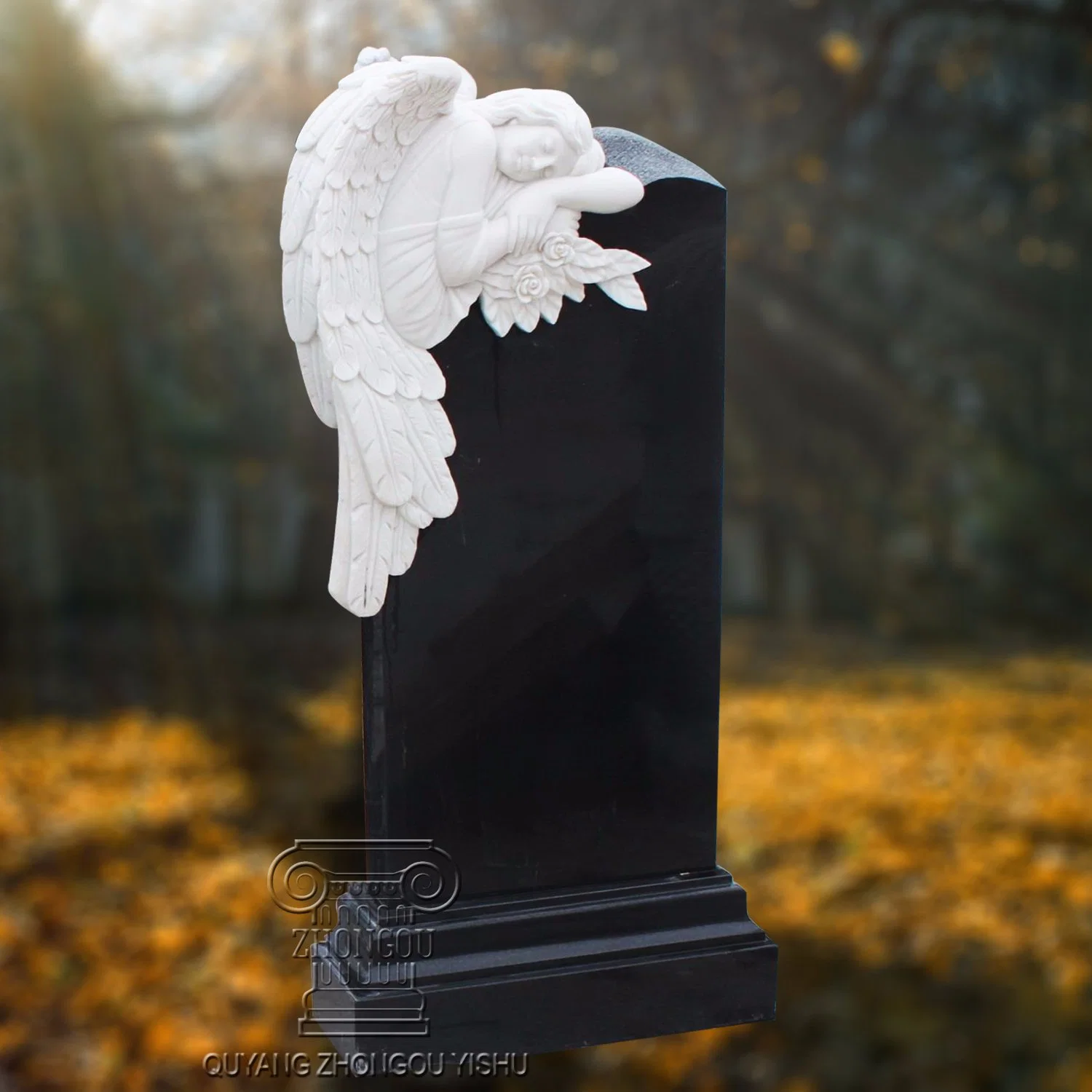 Black Granite Tombstone with White Marble Angel Monument