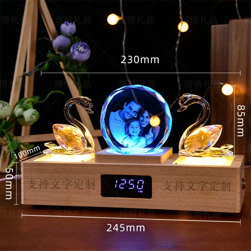 China Factory Wholesale Custom Design Corporate Souvenir Laser Engraving Clock Wooden Base Luminous K9 Crystal Trophy