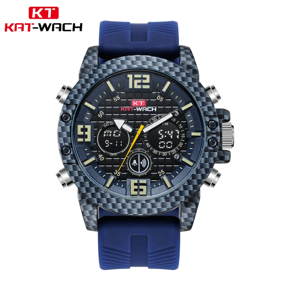 Custom Carbon Fiber Designed Men&prime; S Sport Style Quality Digital LCD Analog Dual Time Chronograph Waterproof Relojes Watch