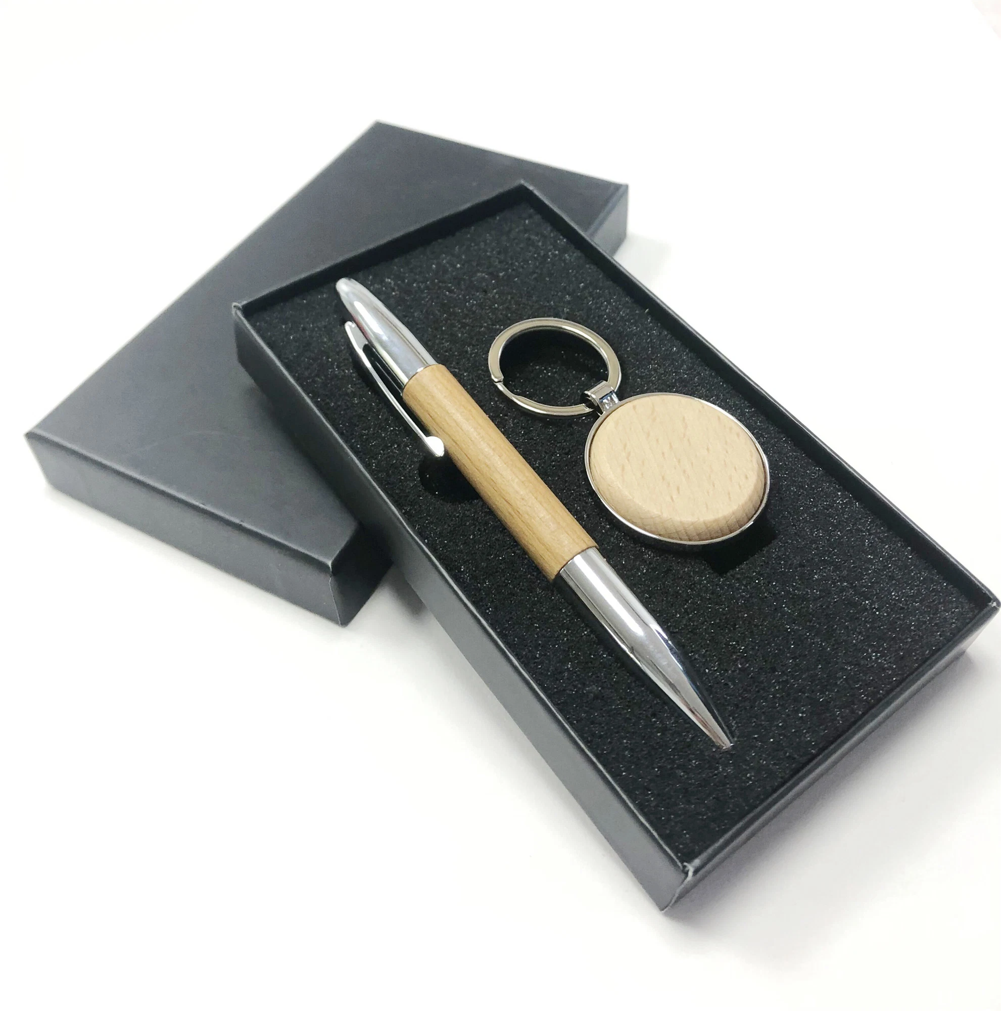 Hot Sale Product Metal Zinc Alloy Keychain and Pen Business Gift Set Wood Pen Wooden Keychains Laser Logo Luxury Corporate Men Gift Set