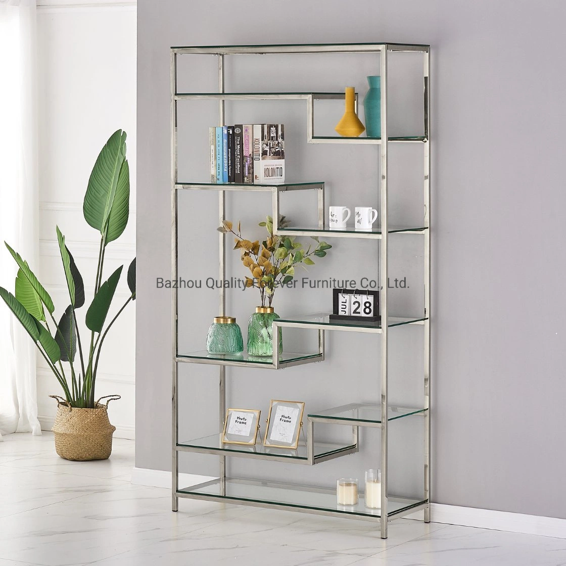 Modern Design Metal Silver Stainless Steel Frame Glass Book Shelf