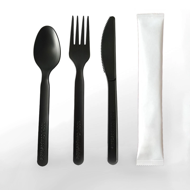 Disposable Plastic Cutlery Kit Napkin Salt&Pepper PS Black Fork and Spoon Travel Set