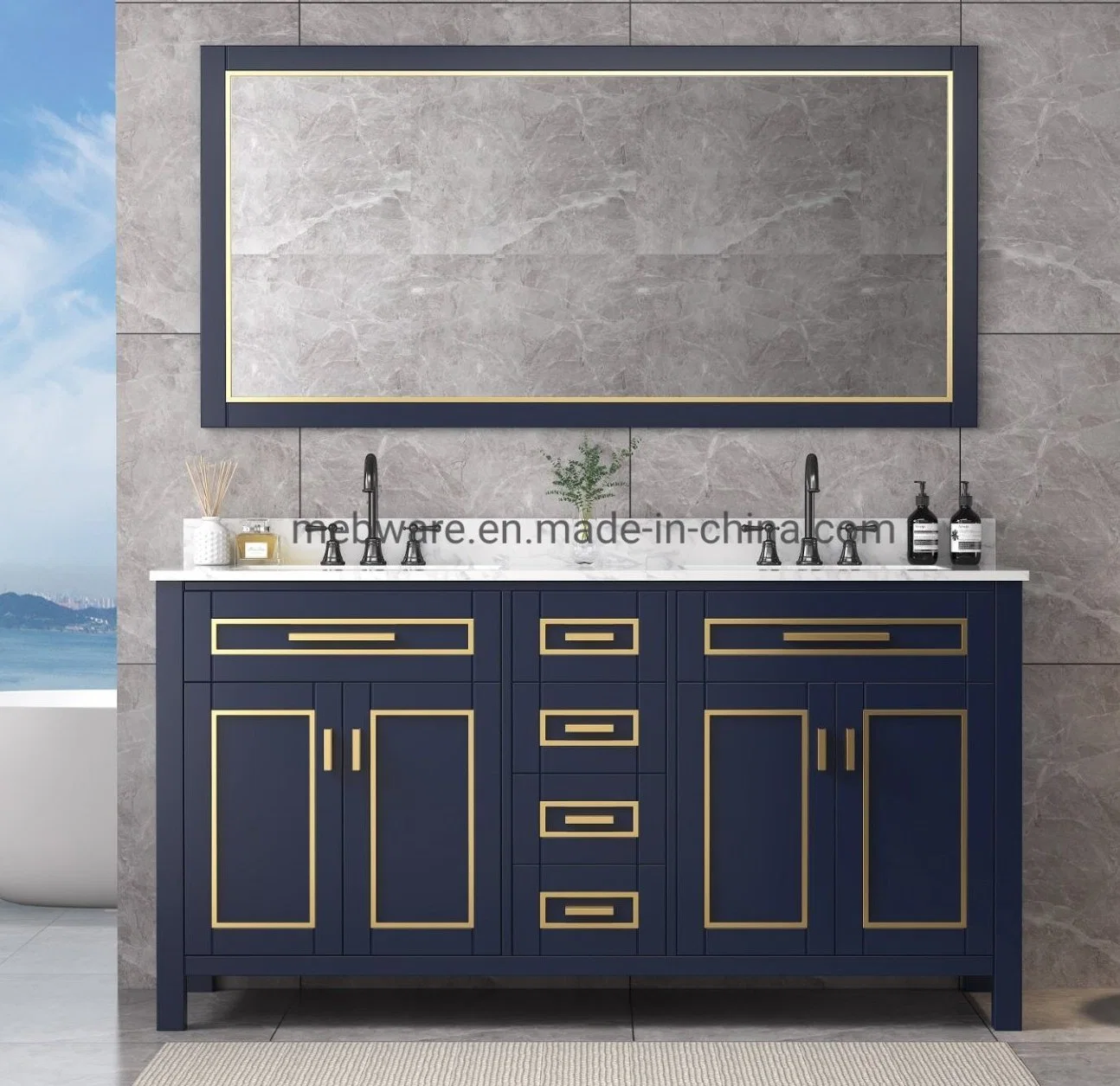 72 Inch Fashion Floor Mounted Double Sinks Bathroom Furniture with Framed Mirror with Marble Top with Four Doors with Foor Drawers