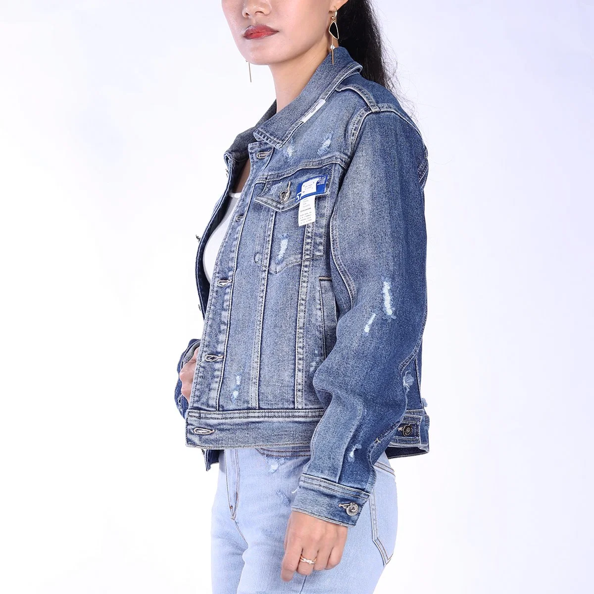 Custom Vintage Blue Ripped Design Plus Size Long Sleeve Women Denim Jackets