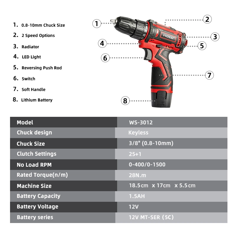 Ready Stock High Quality Vvosai 12V Battery Rechargeable Cordless Drill