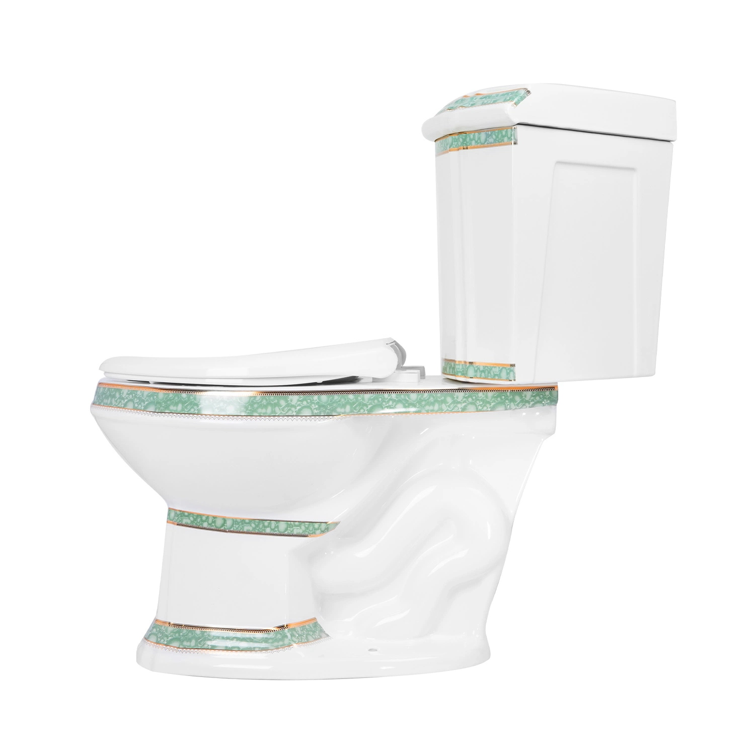 Luxurious Green and Gold Finish Elongated 17.7 Inches Seat Height Dual-Flush Cupc Water-Saving Two Piece Ceramic Corner Toilet with Toilet Seat Sanitary Fixture