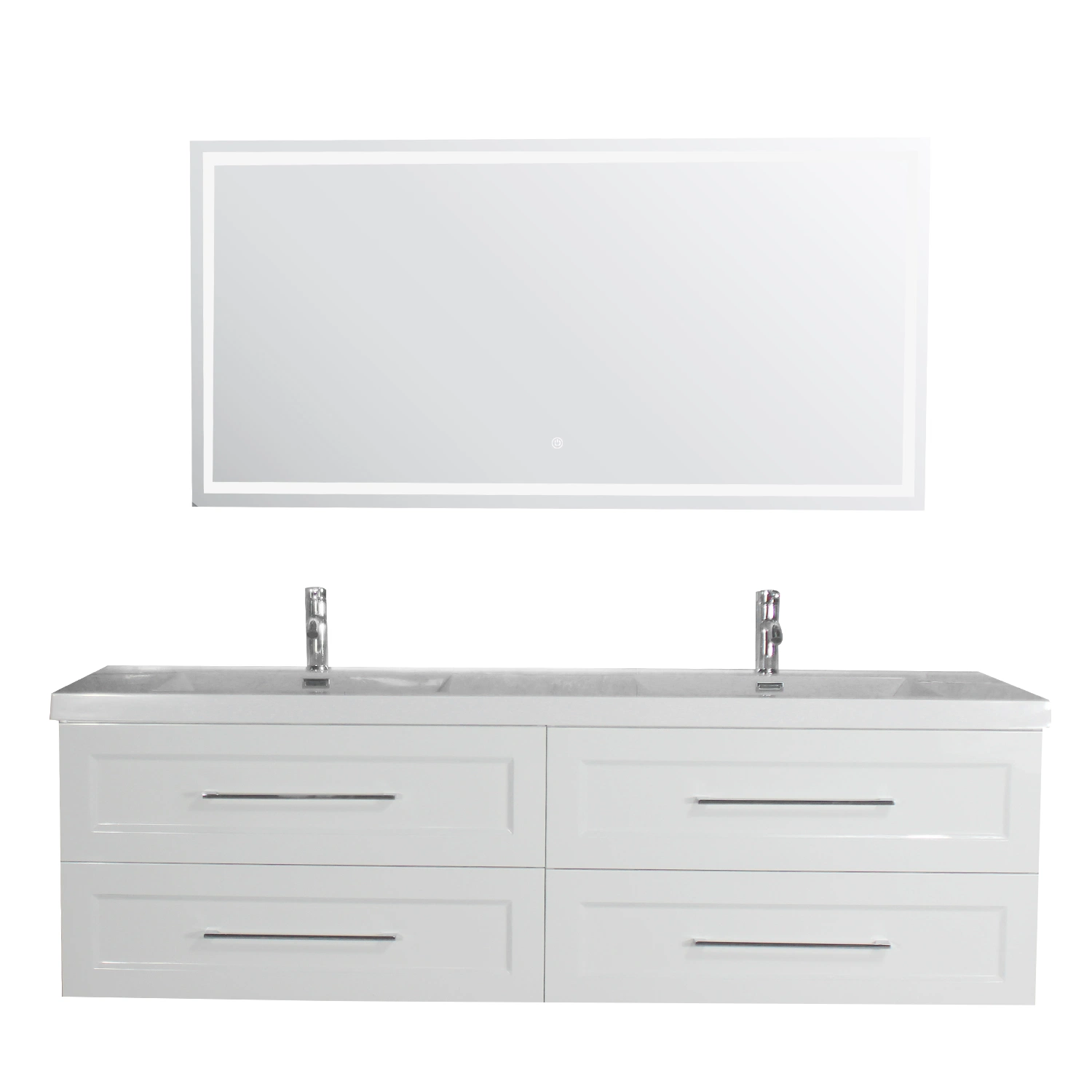 60 pulgadas moderno Baño Blanco Alto brillante Pintura pared de contrachapado Mueble de armario de la unidad de vanidad montada con espejo LED