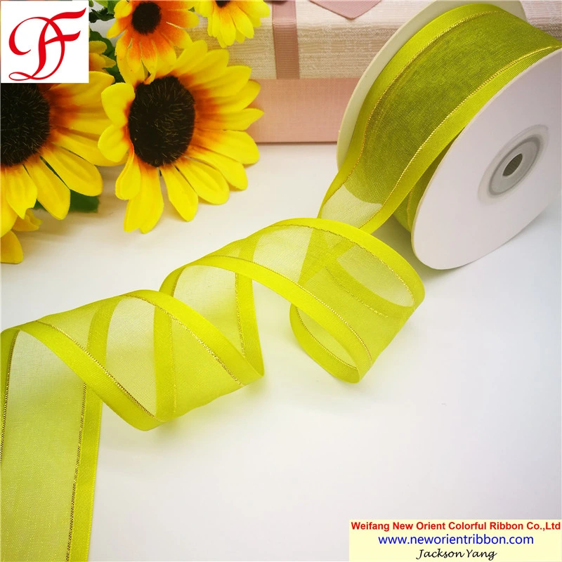 100% Nylon Satin Edge Organza Ribbon with Metallic Trims for Wrapping/Decoration/Xmas/Bows/Garment/Gift/Party Decoration From China Big Factory