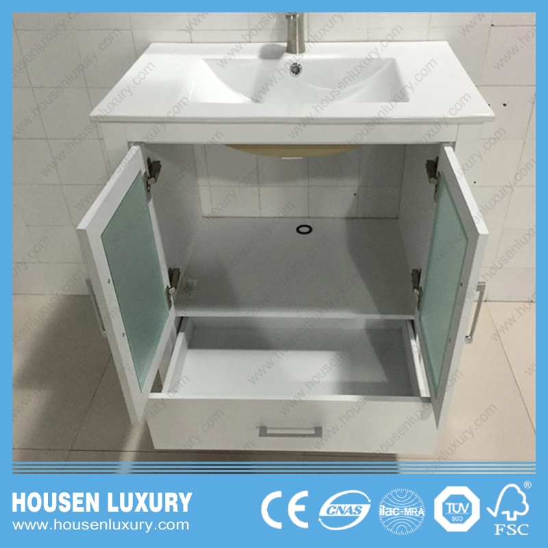 PVC or MDF Material Big Belly Basin White Paint Frosted Glass Door New Modern Floor-Standing Bathroom Cabinet