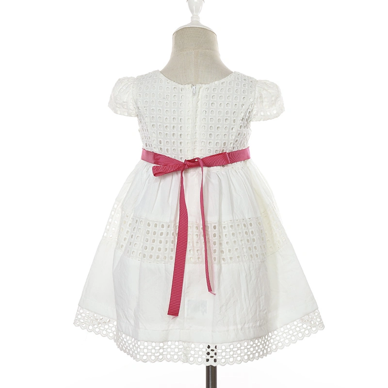 Cap Sleeve Kids Summer Clothing White 100% Cotton Lace Dress with Ribbon Waistline