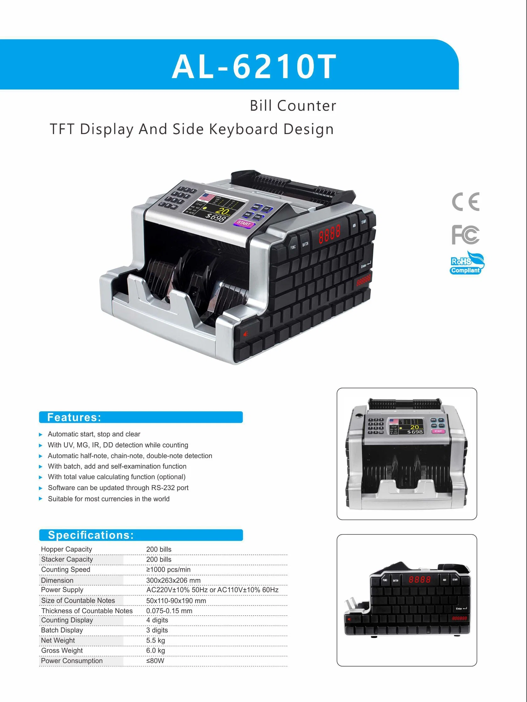 Al-6210t High Performance Banknote Money Counter Bill Counter Machine Money Counter Portable