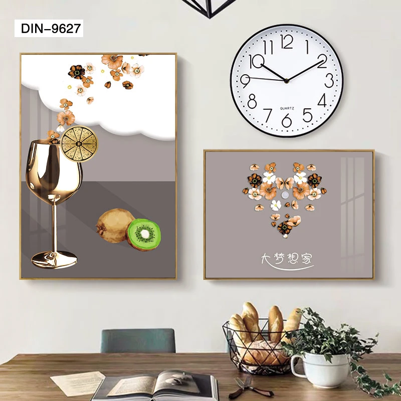 Diamond-Encrusted Crystal Porcelain Painting Modern Simple Restaurant Decoration Painting Light Luxury Dining Room Table Wall Clock Double Combination Hanging P