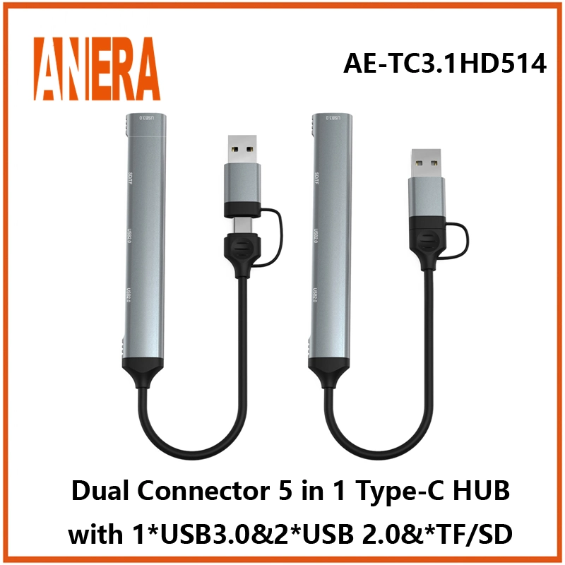 Conector doble de alta calidad 5 en 1 multifunción USB C Convertidor de concentrador adaptador de concentrador tipo C portátil con concentrador USB3,0/2,0 Lector de tarjetas SD/TF 2,0