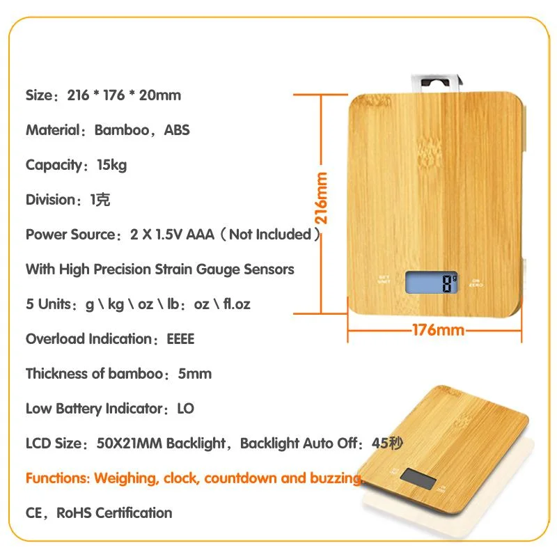 50X21mm Backlight 15kg Bamboo Kitchen Scale