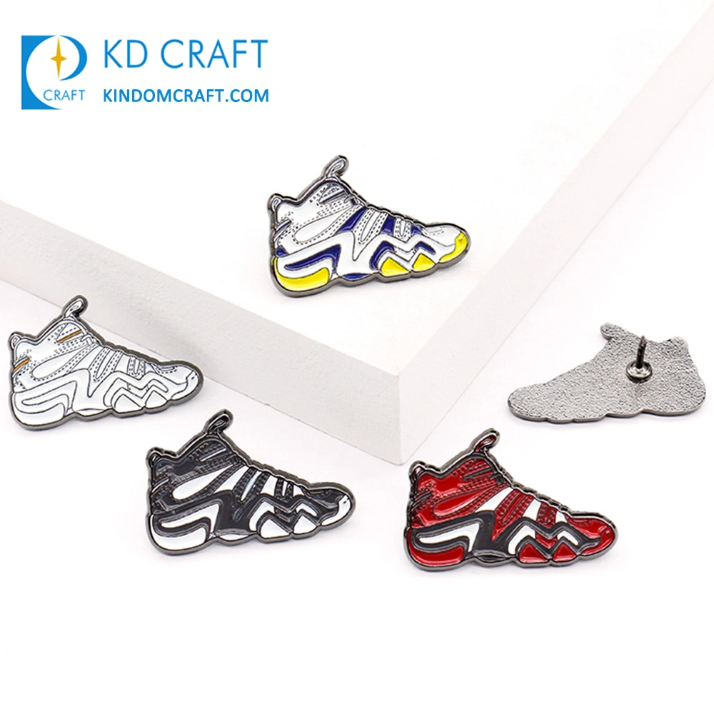 in Stock Bulk Customised Metallc Black Nickel Plated Iron Sneaker Lapel Pin Soft Enamel Sports Brand Shoe Badge Custom Logo