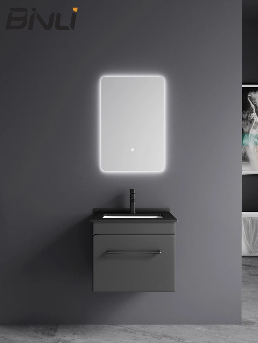 600mm moderno cuarto de baño de PVC pequeño rincón de la vanidad de almacenamiento de armario con espejo de luz LED rectangular